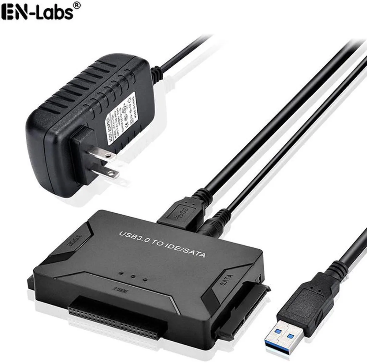 Black rectangular adapter with SATA and IDE ports, USB 3.0 cable and 12V power supply