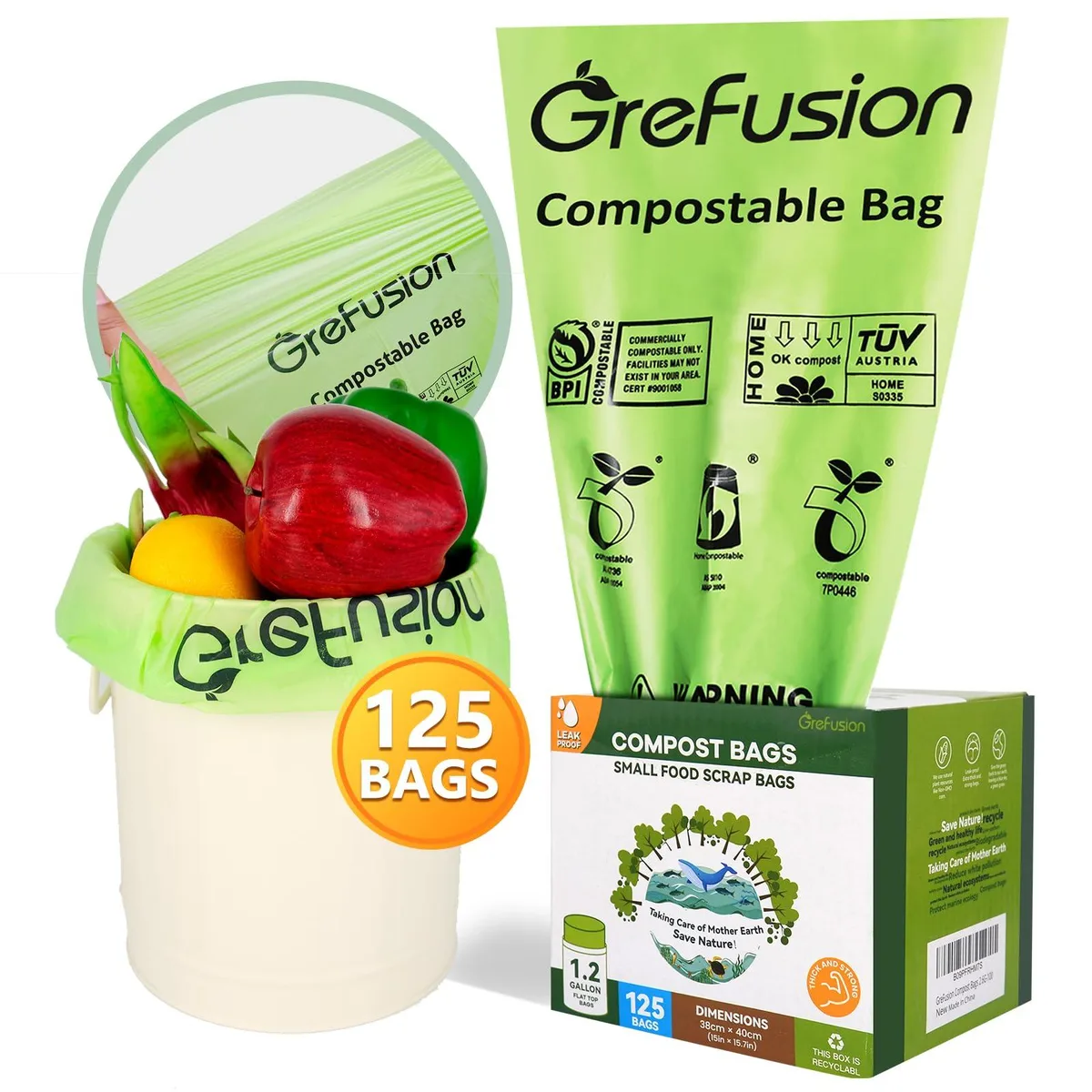 Pack of 125 small cornstarch compostable bags, 1.2 gallon capacity