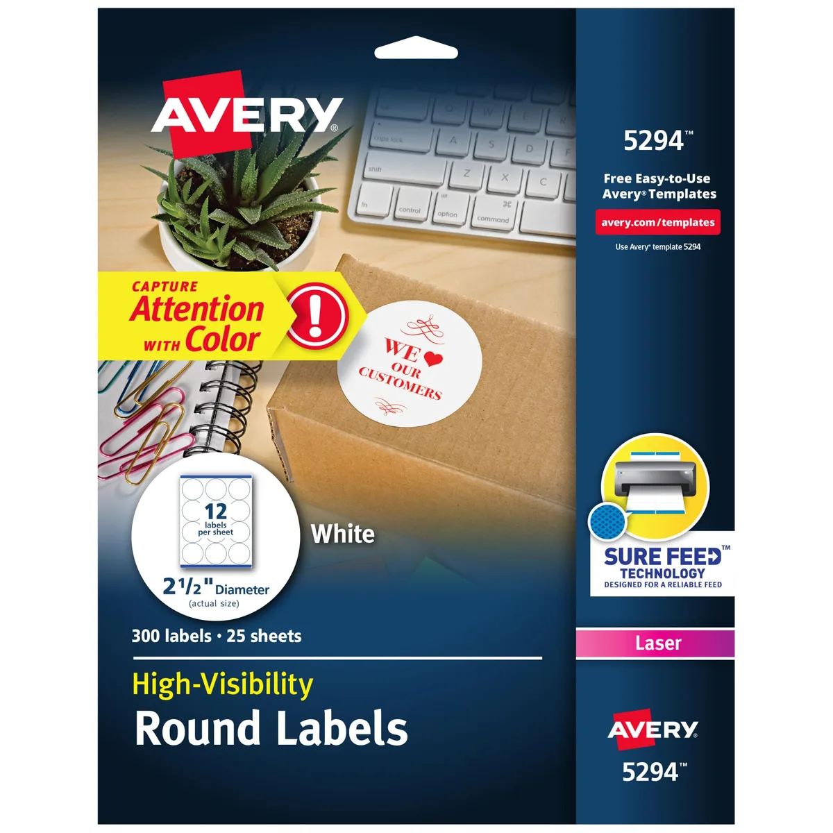 A pack of three white matte label sheets with round 2.5 inch stickers