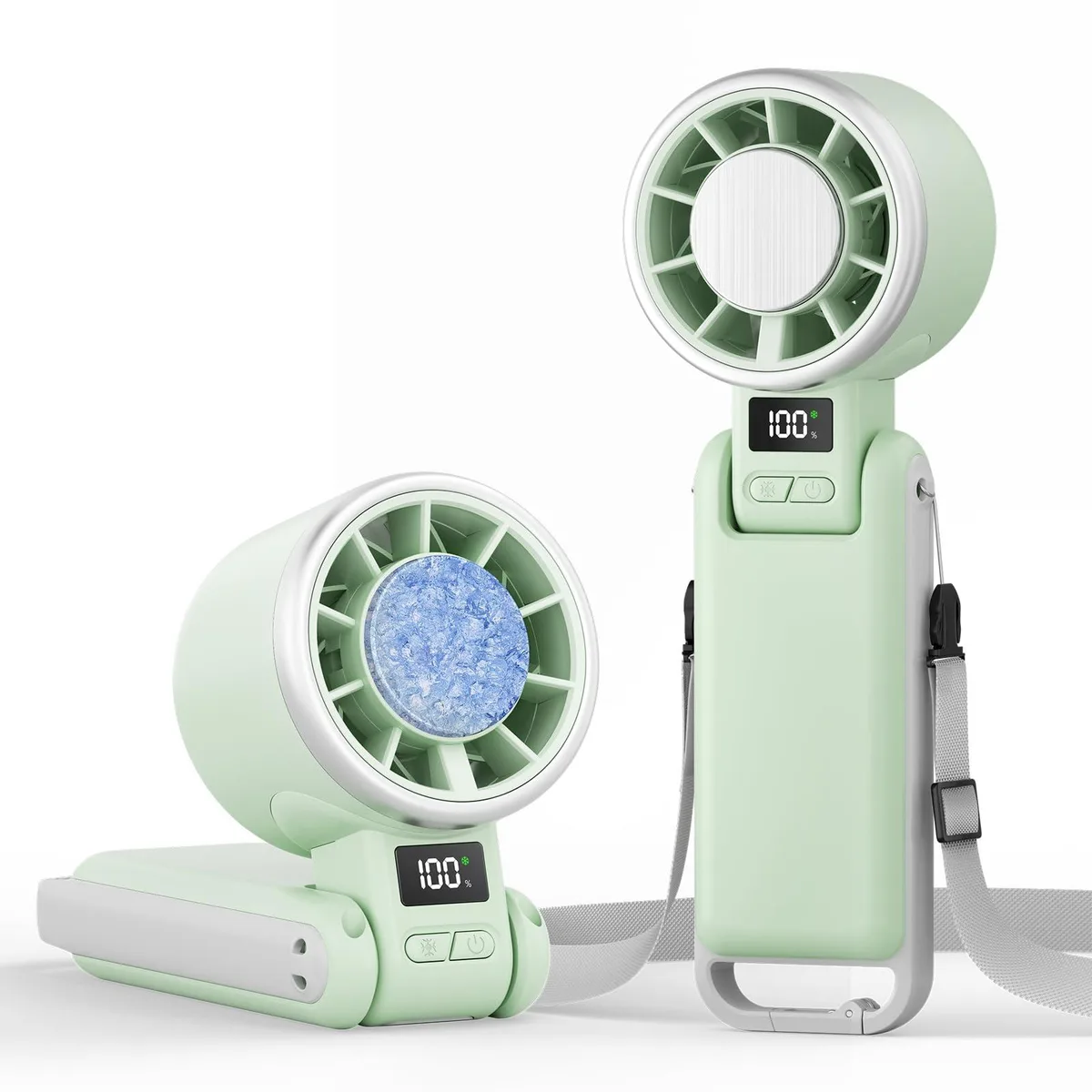 Silver foldable handheld fan with ice-cooling pad, carabiner clip, and LED display