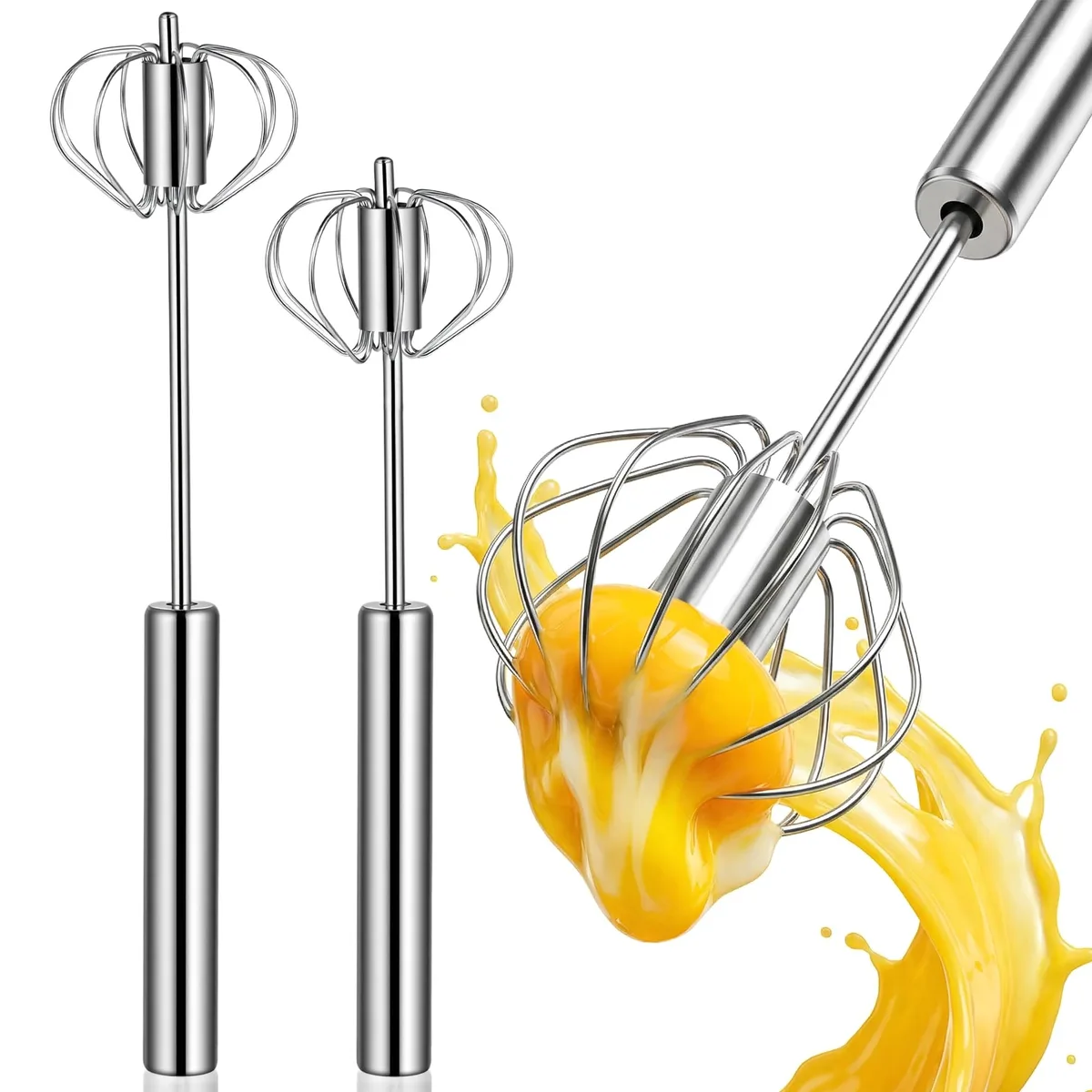 Two stainless steel semi-automatic whisks, 10 and 12 inches, silver finish, spring-loaded handles