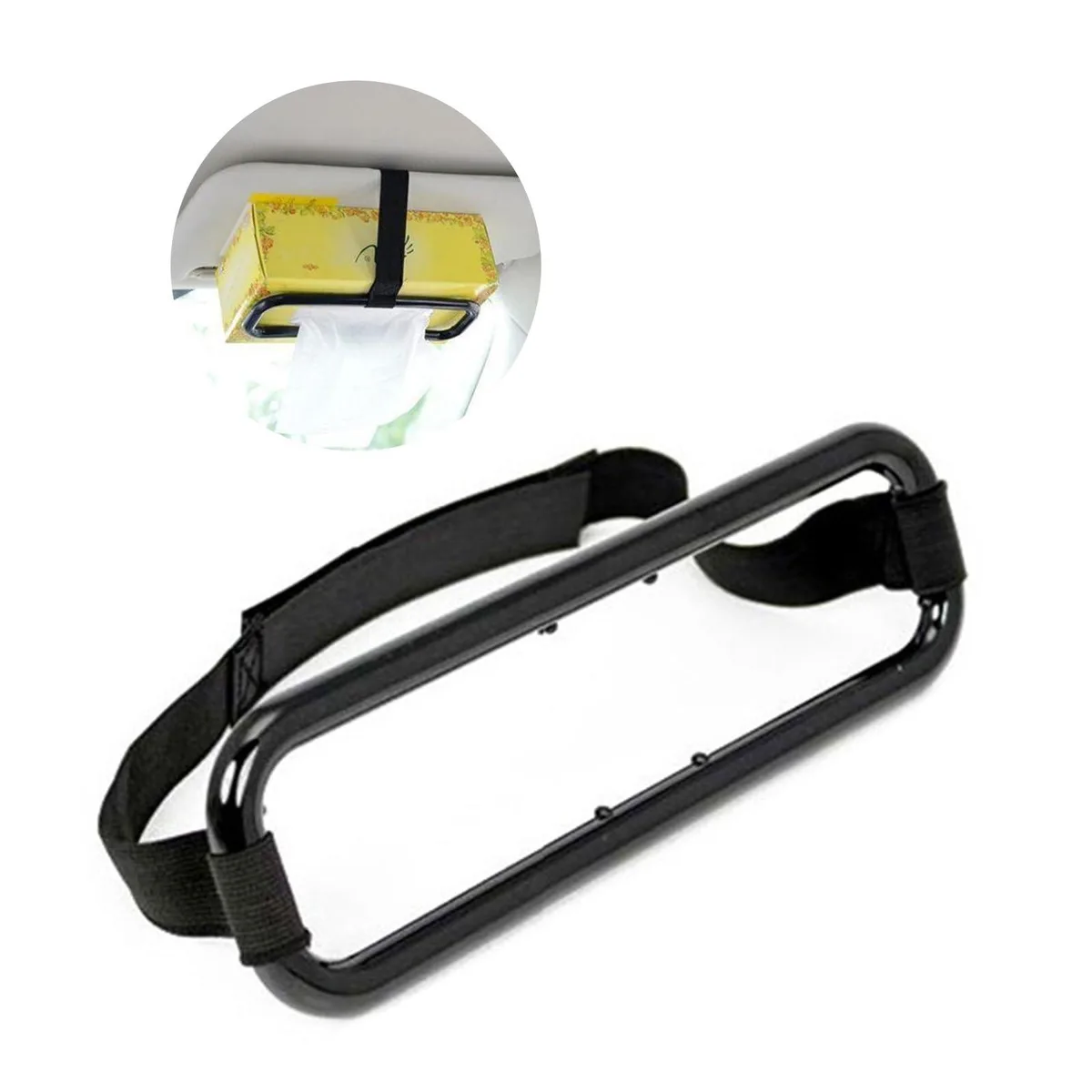 Rectangular black plastic tissue holder with elastic strap, 8.46 by 2.75 inches