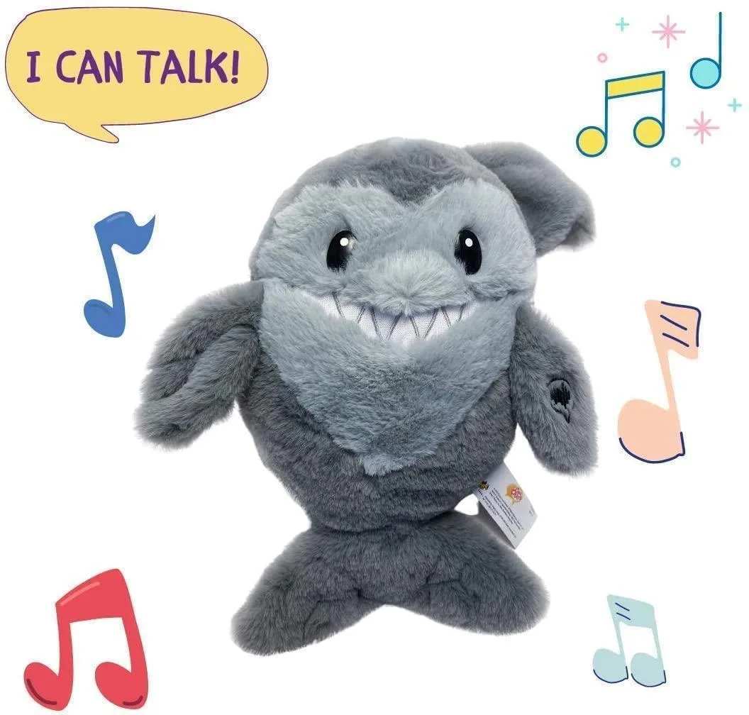 Grey shark plush toy about twelve inches tall with white teeth and fins