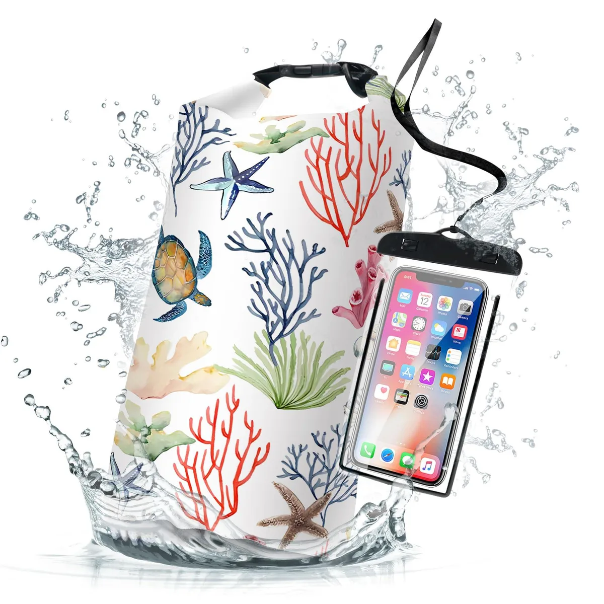 Coral 5 L roll-top dry bag backpack with zip pocket and phone case