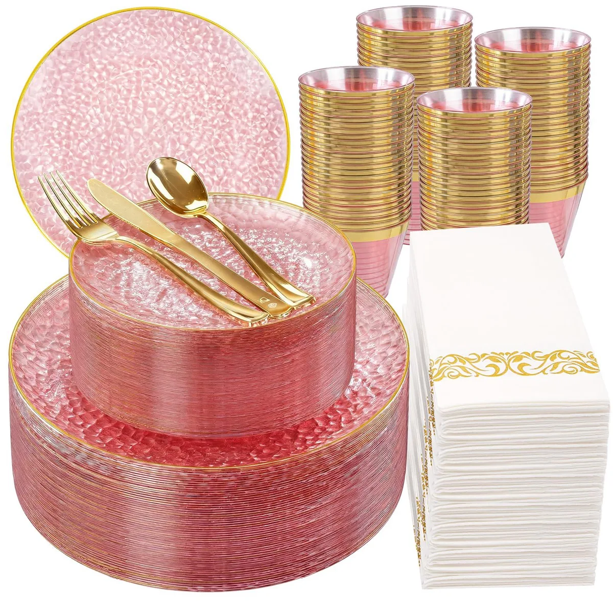 A clear pink 350-piece disposable dinnerware set with gold hammered rims, shown stacked
