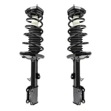 Two assembled rear strut units with coil springs and top mounts, silver metal finish