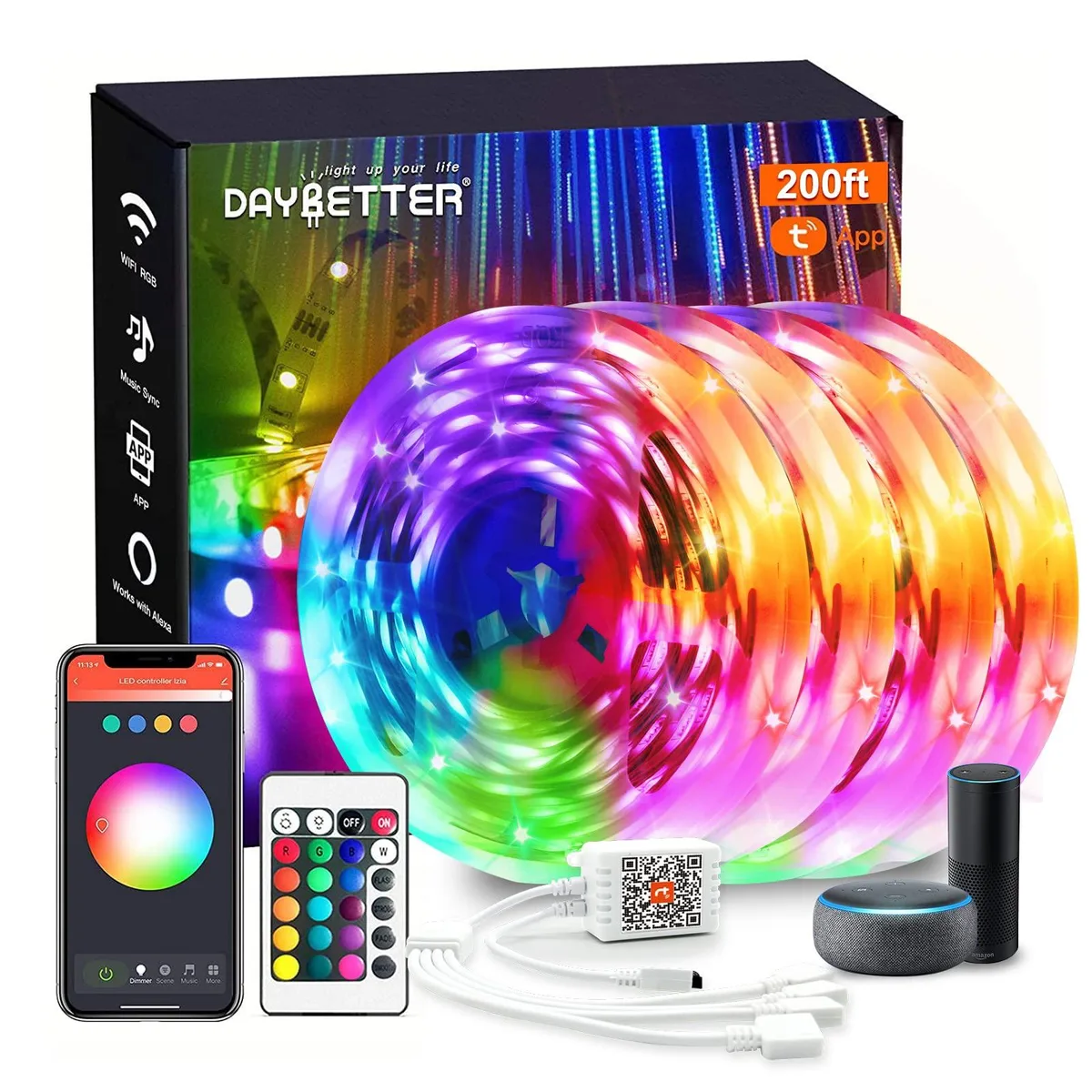 White 200ft LED strip light kit with clear prismatic finish and smart controller box