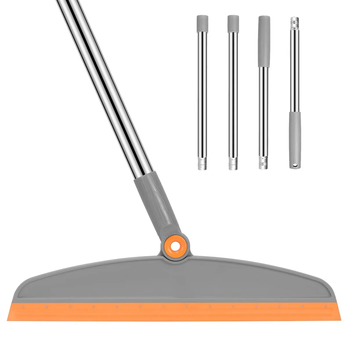 Grey and orange silicone broom with 54 inch handle and 180 degree swivel head