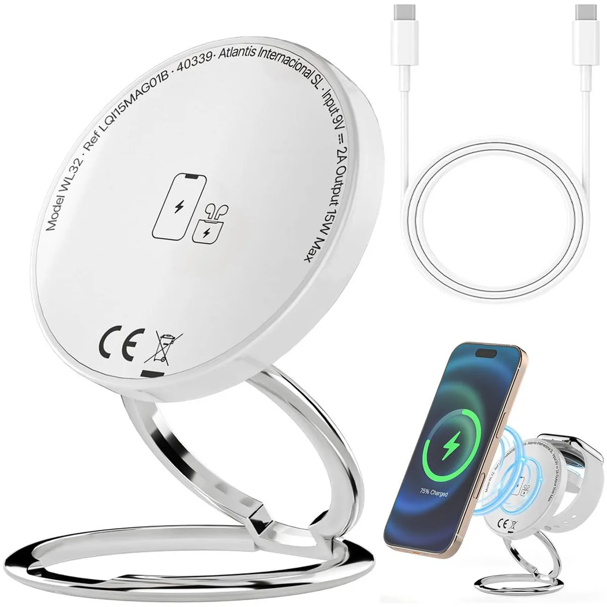 Foldable magnetic 3-in-1 wireless charger stand in white finish