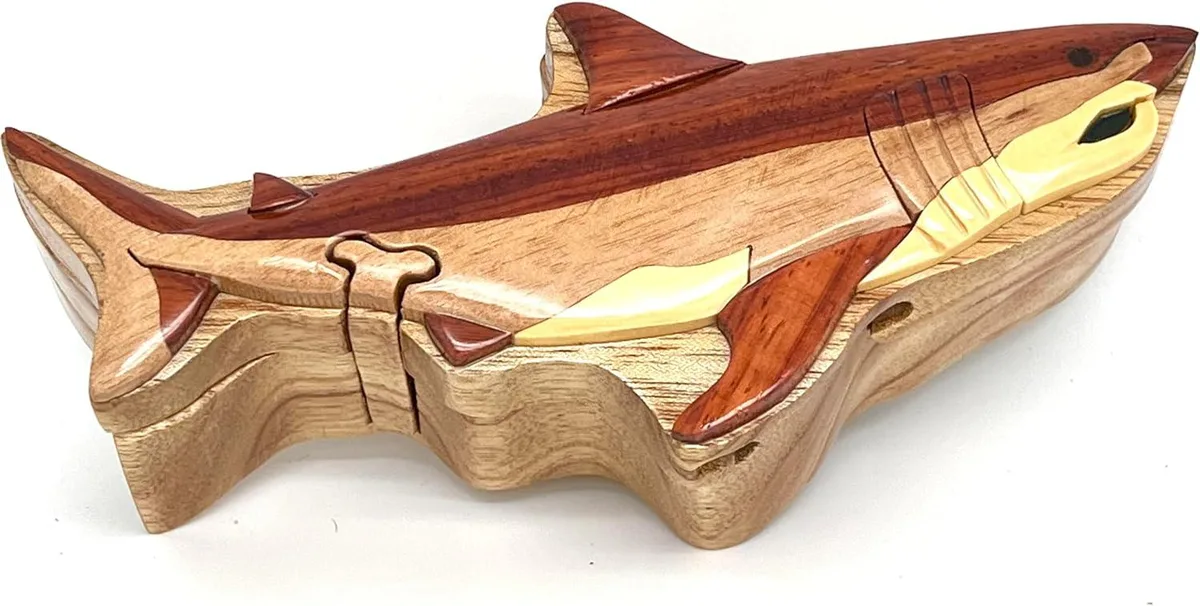 South Asian Handicrafts South Asian Handicrafts Shark Intarsia Wood Puzzle Box hobby collectible — product photo