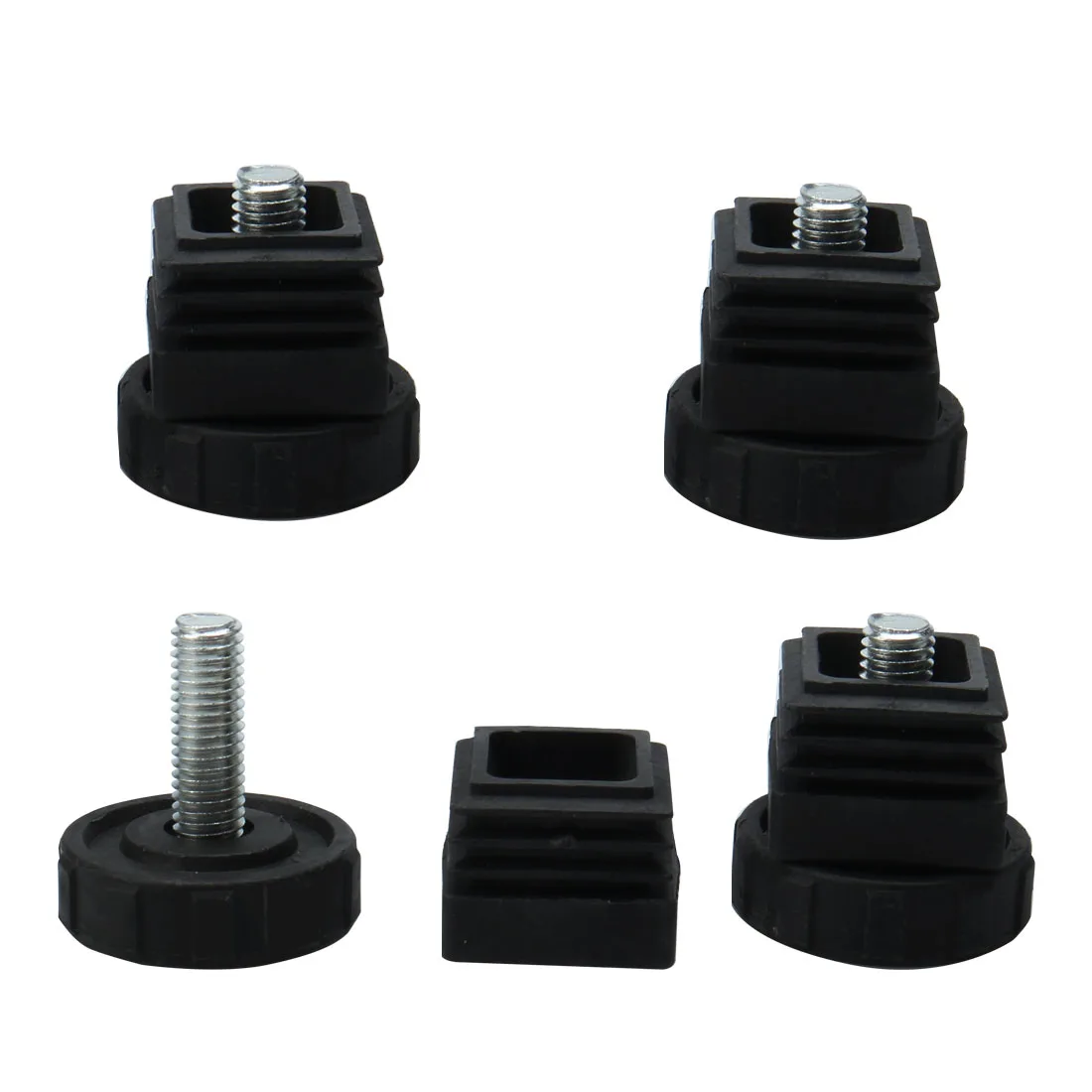 Four sets of M10 adjustable leveling feet with 30mm square plastic bases and threaded metal stems
