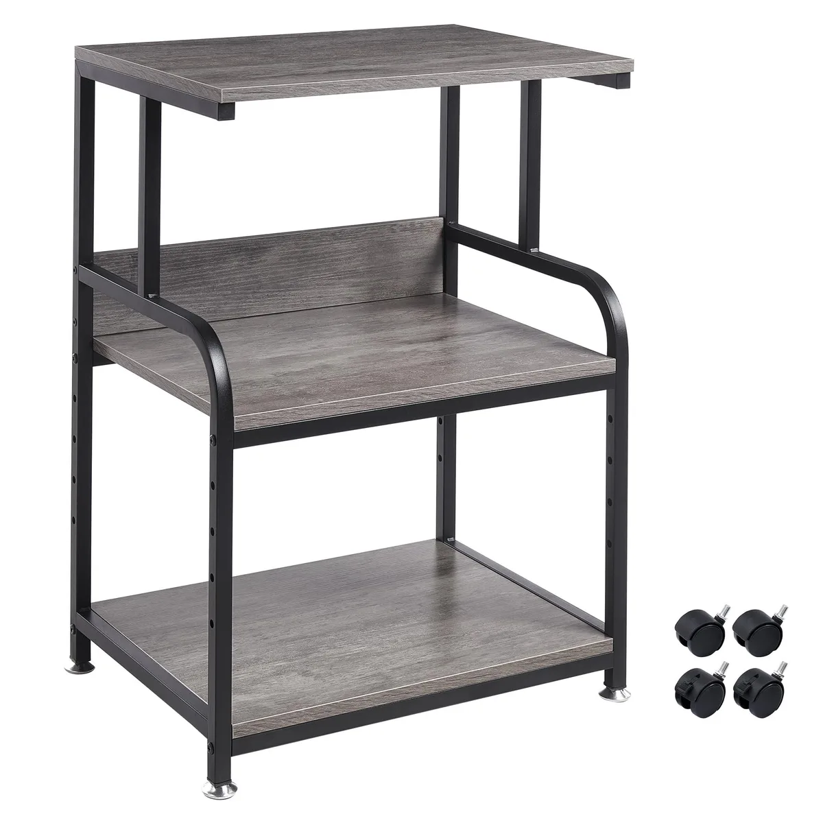 Three-tier grey printer stand on wheels, stained wood shelves with steel frame, 21.7 by 15.7 by 31.6 inches