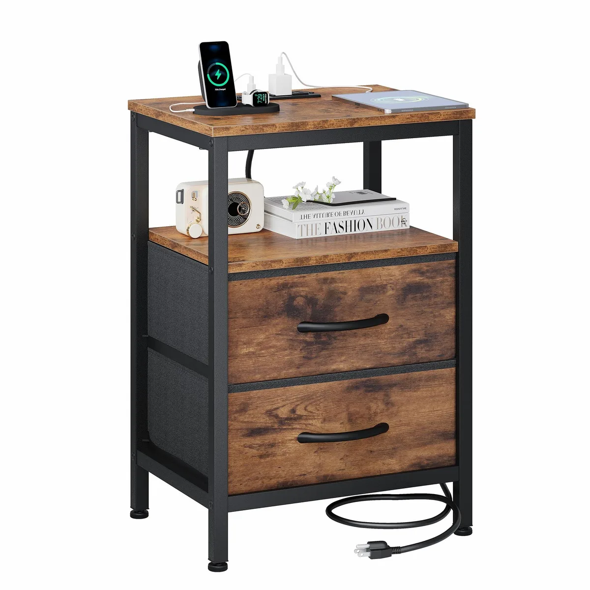 Compact rustic-brown nightstand with two fabric drawers, open shelf, metal frame and built-in charging ports