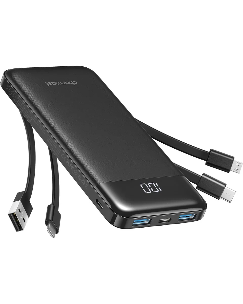 charmast W1148 10000mAh power bank with 4 built-in cables — product photo