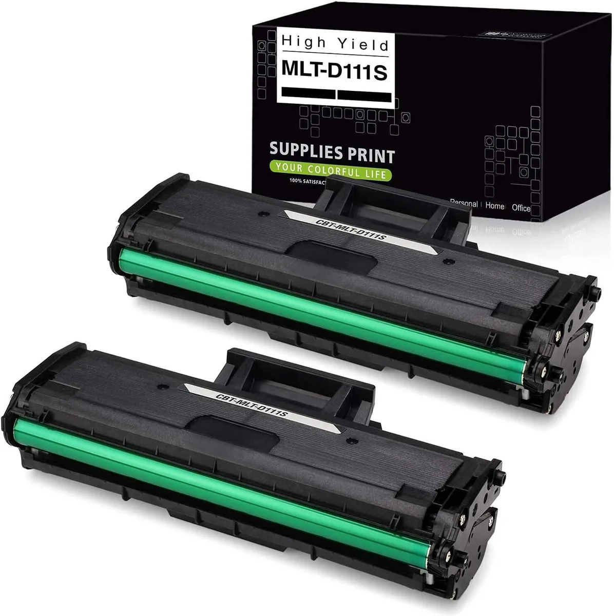 Two black rectangular toner cartridges in a sealed box