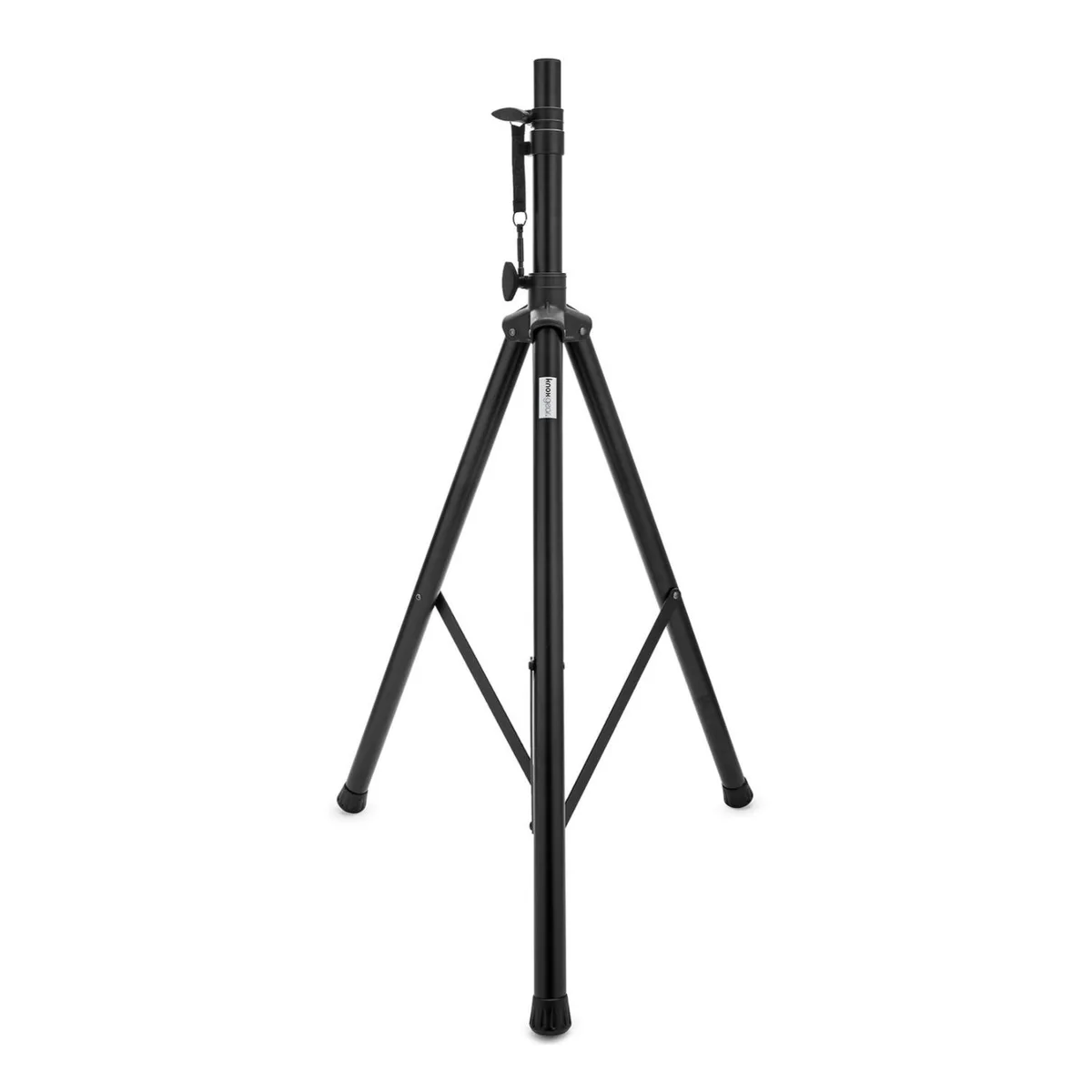 Black steel tripod speaker stand, folded, 43 to 71 inch height range, 100 lb capacity