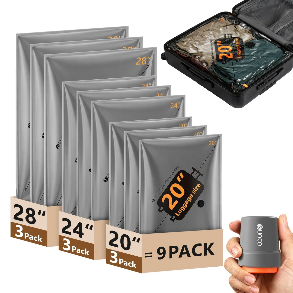 Grey travel vacuum bag set with cordless pump and nine compression cubes