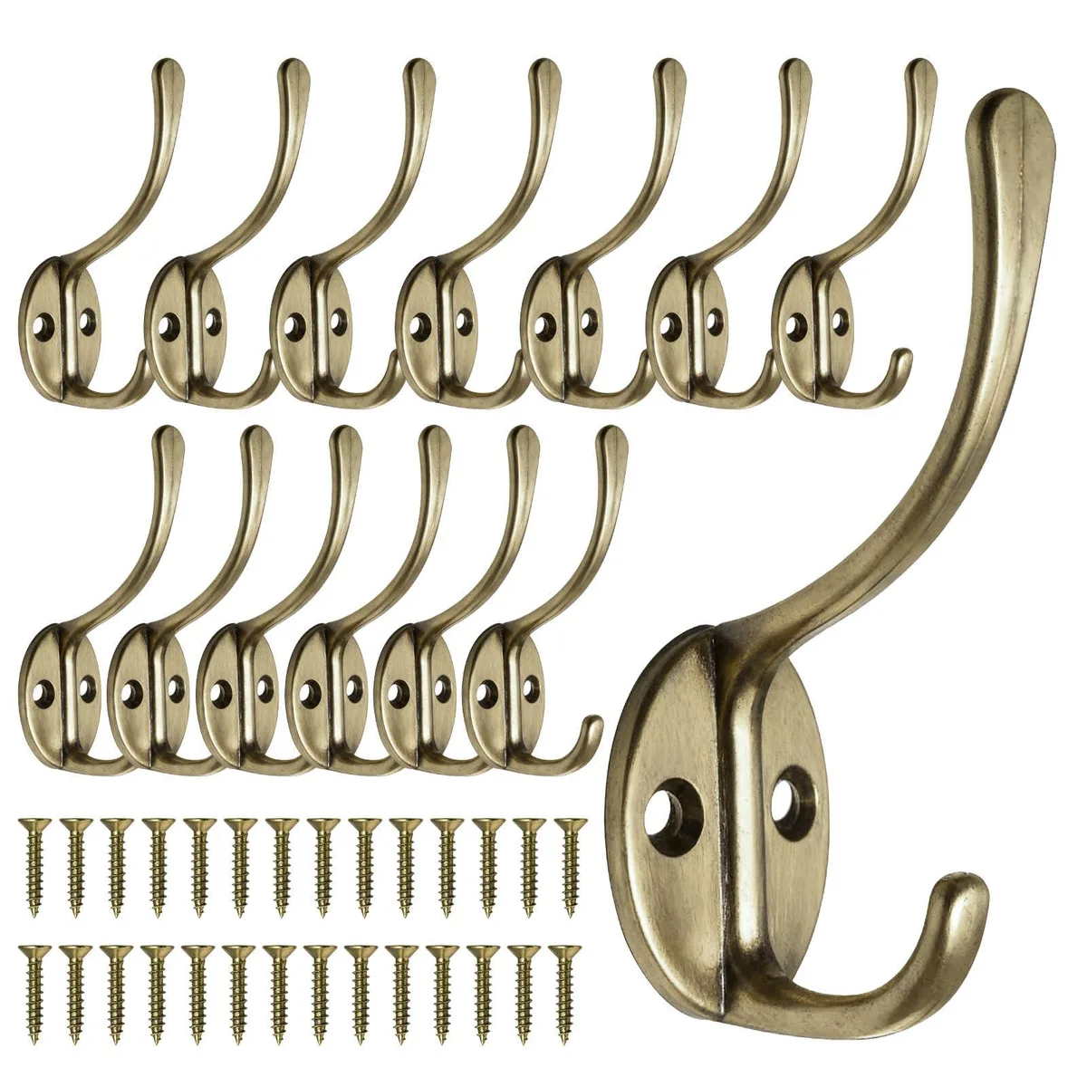 Fourteen antique brass double coat hooks with lacquered finish and mounting screws