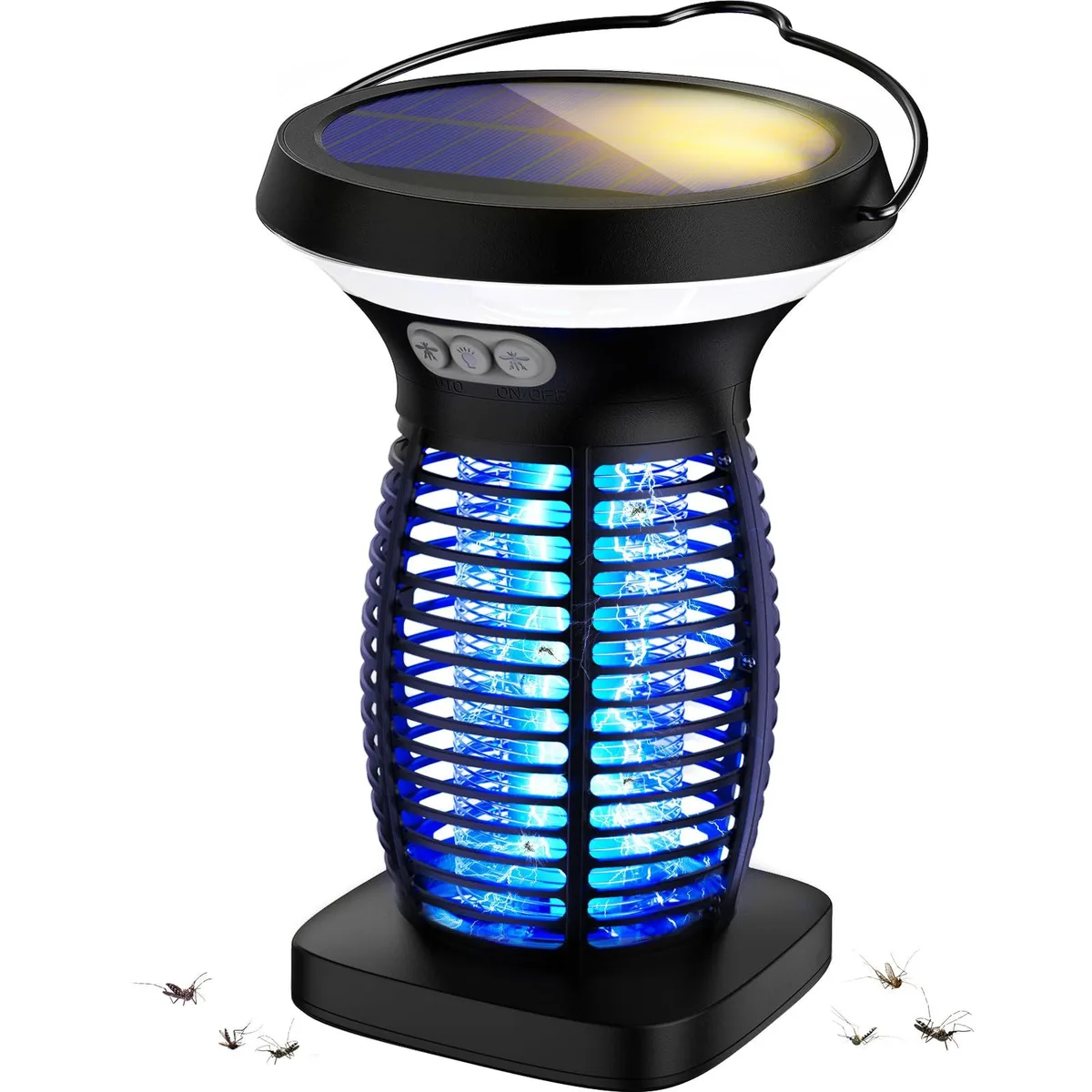 Blue cylindrical solar bug zapper with top panel and hanging handle