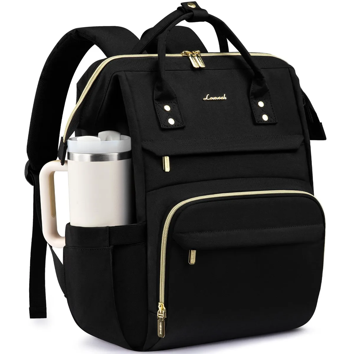 Beige polyester laptop backpack with oversized side bottle holder, rectangular frame opening, padded straps and 19 pockets