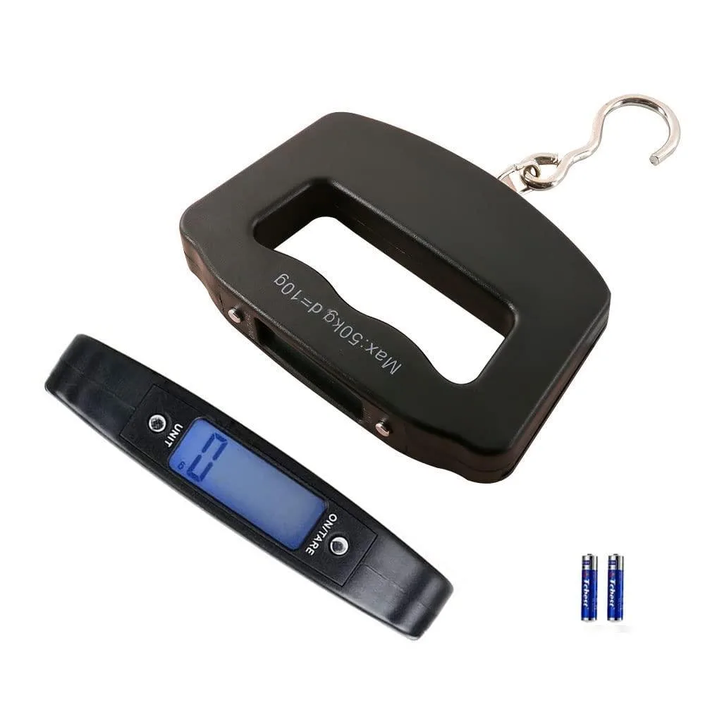 Grey handheld luggage scale with large handle, rotating hook and backlit display