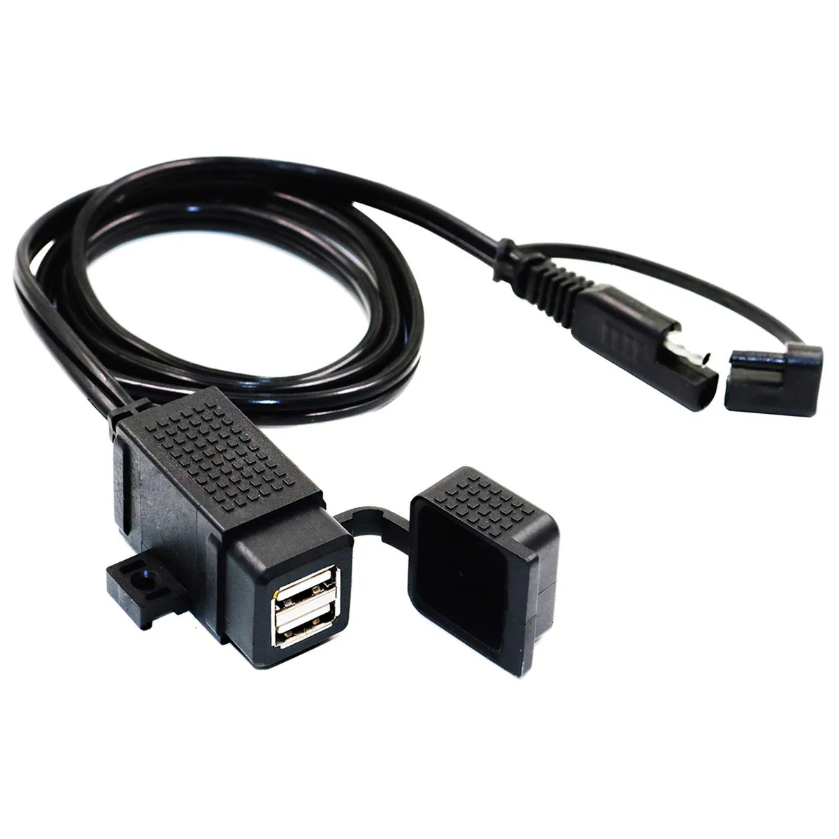Black rectangular dual USB charger with waterproof caps and SAE cable attached
