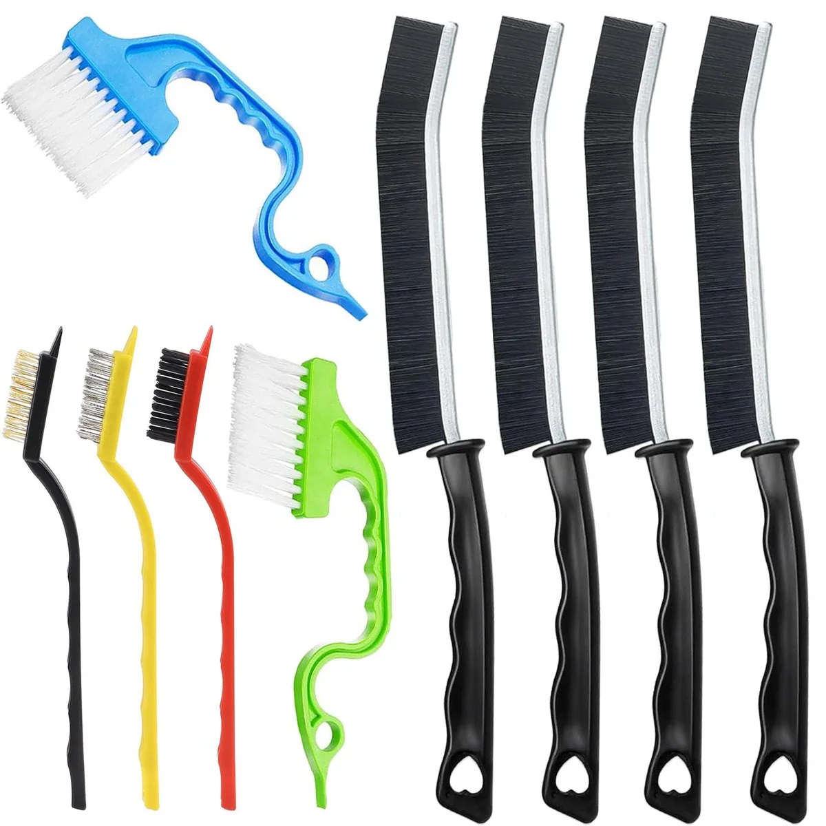 Nine hard-bristle crevice cleaning brushes with ergonomic handles and angled heads