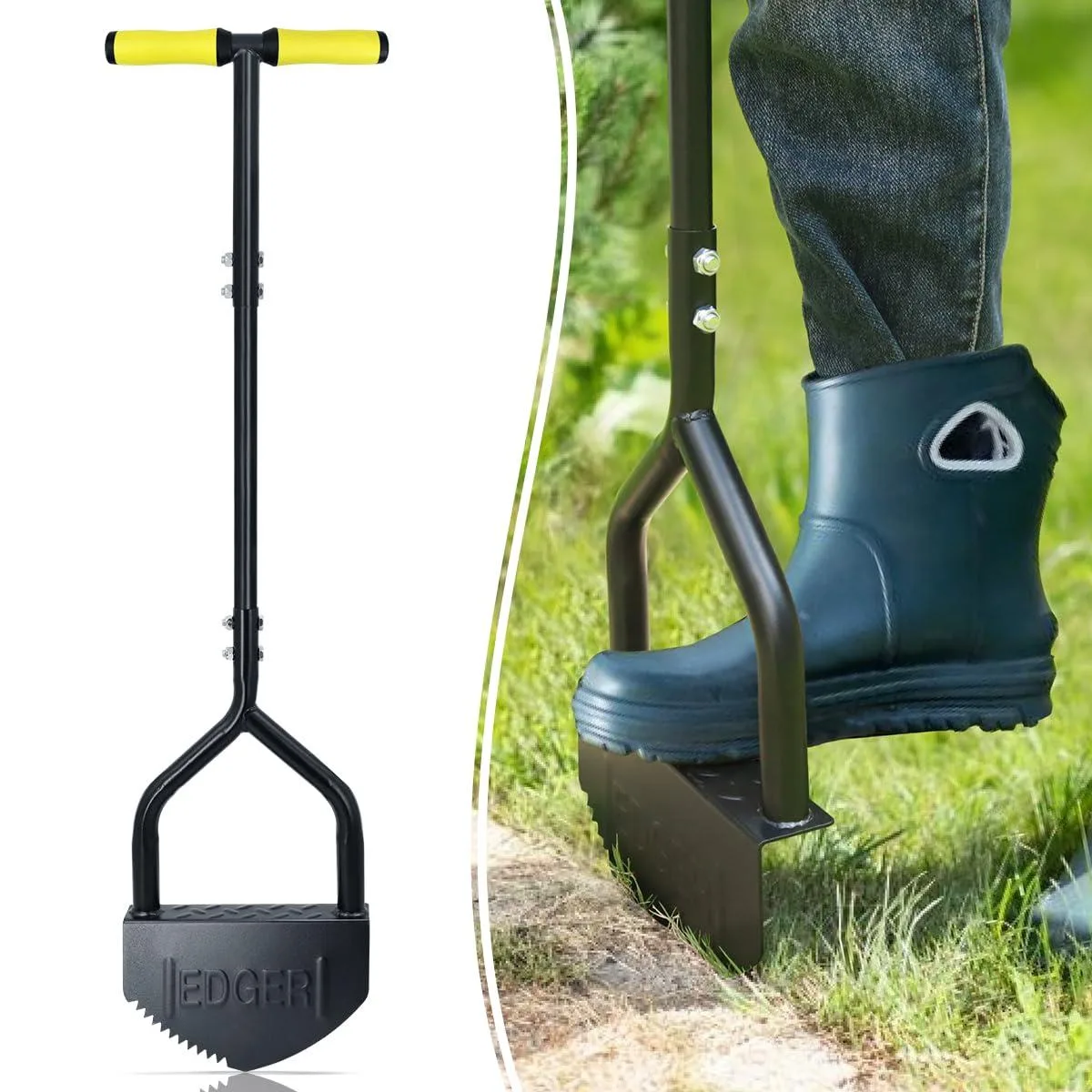 Silver half-moon manual lawn edger with serrated V-blade, 40-inch steel shaft, soft T-grip handle