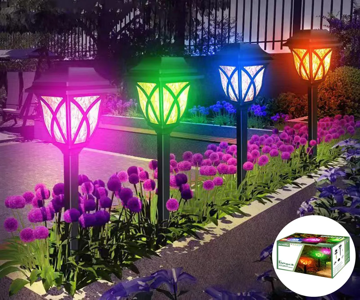 Six black solar path lights with multicolor LEDs