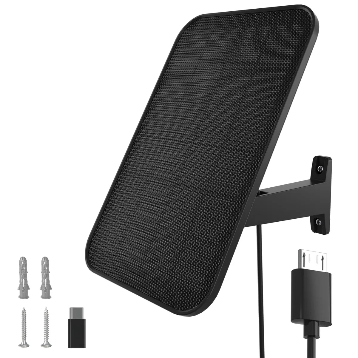 Small black rectangular solar panel with a long cable and adjustable mounting bracket