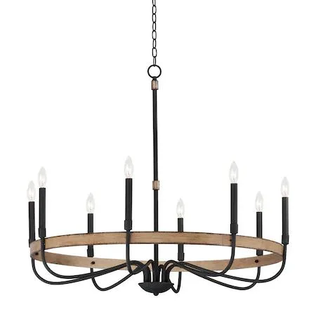 Rustic chandelier with distressed wood and black metal arms, eight candle-style lights