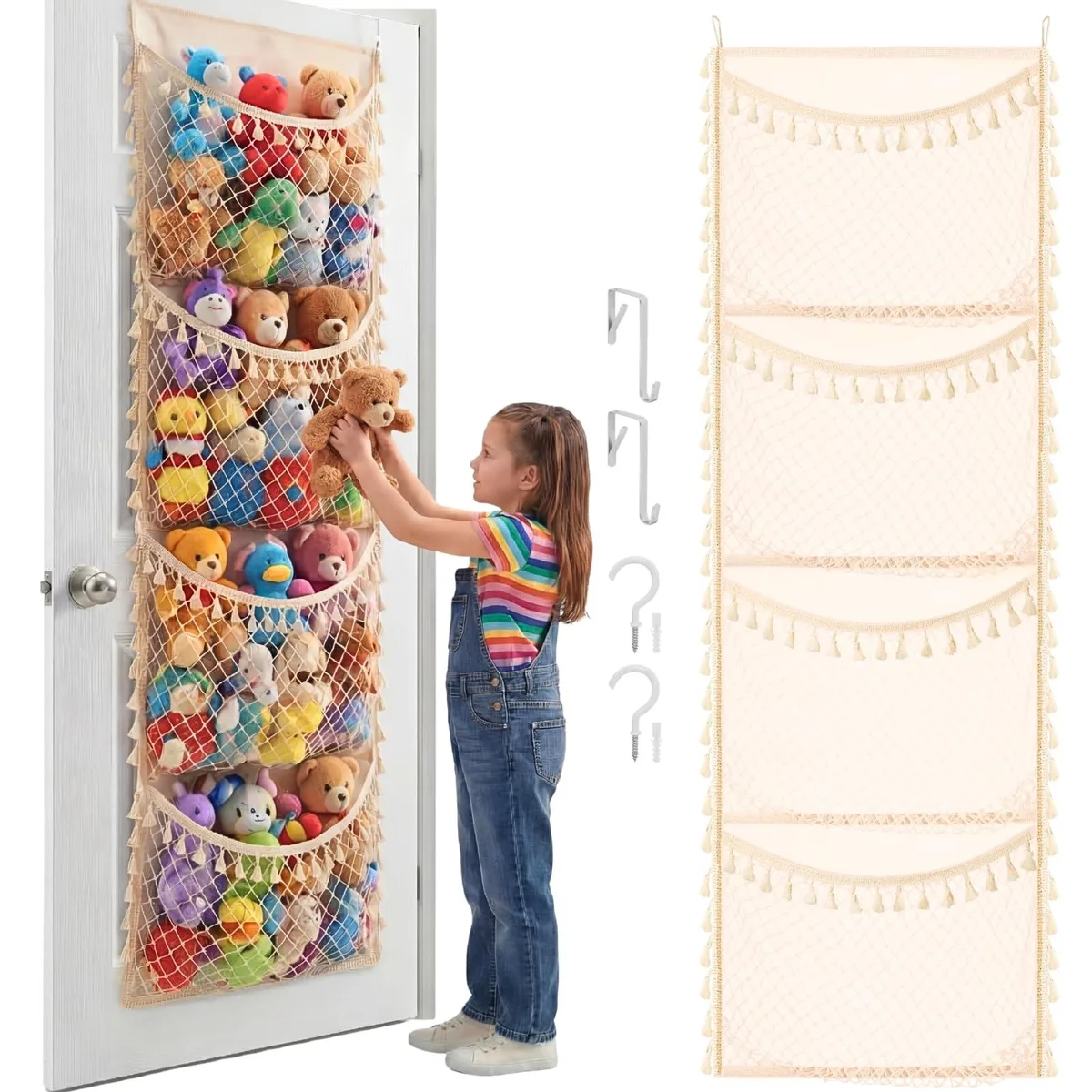 Ofiray-home Ofiray-home Cotton Toy Storage Over Door 4 Pocket Beige Tassel — product photo