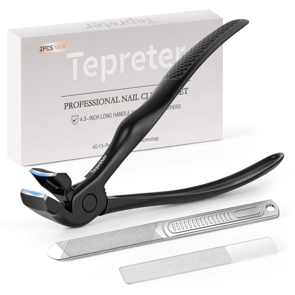 Blue aluminium toenail clipper with long curved handle and angled head, plus two nail files in a case