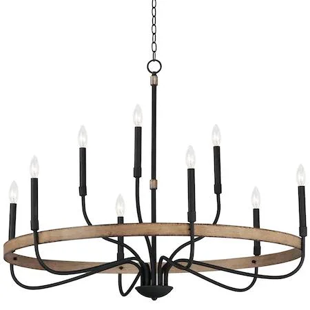 Rustic 9-light chandelier with distressed wood and black metal arms, white candle covers