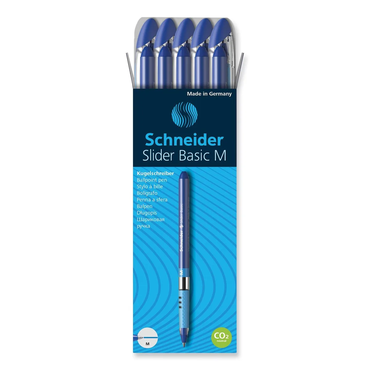 Blue stick ballpoint pen with rubber grip and clear cap clip