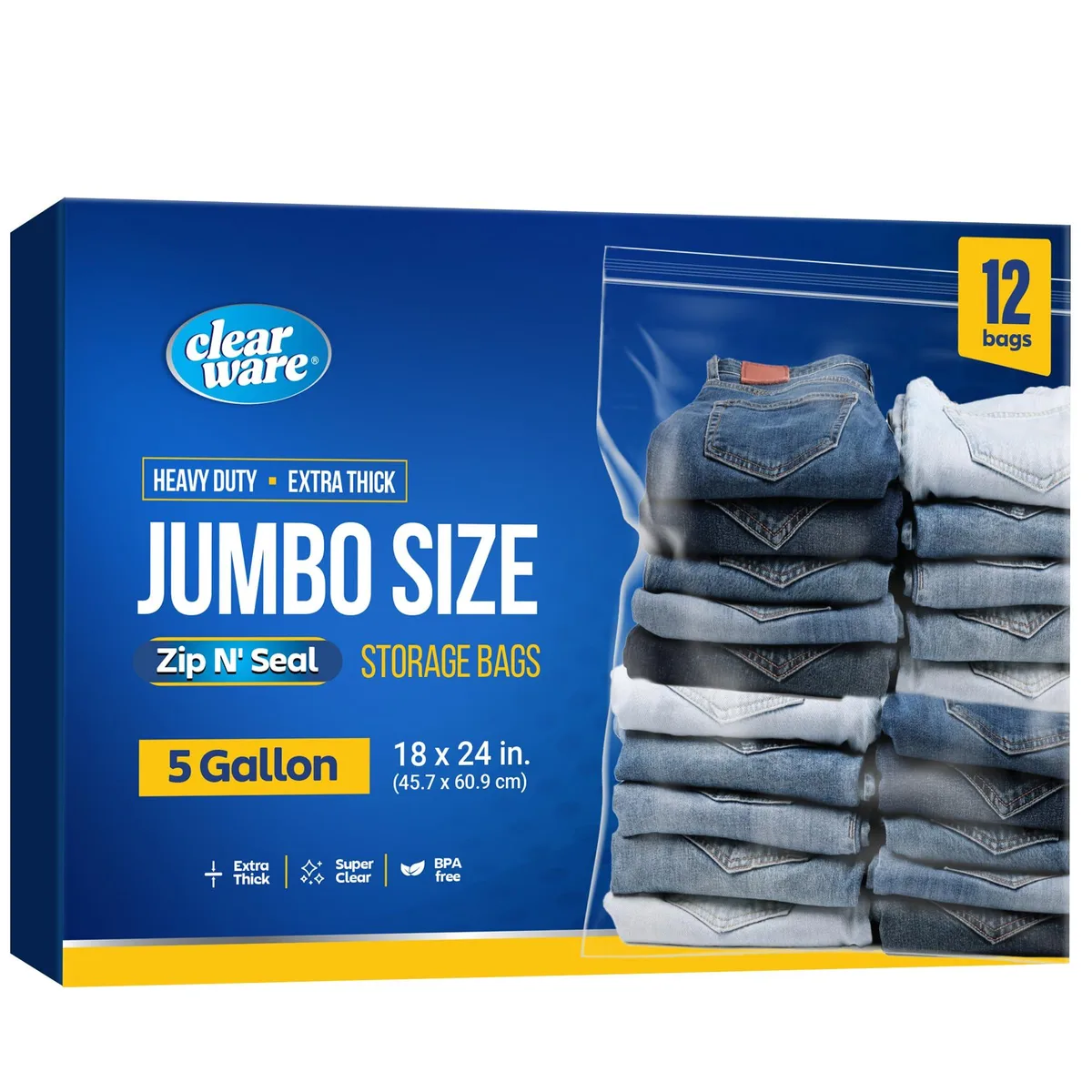 Twelve clear resealable bags 18 by 24 inches 2 mil thick