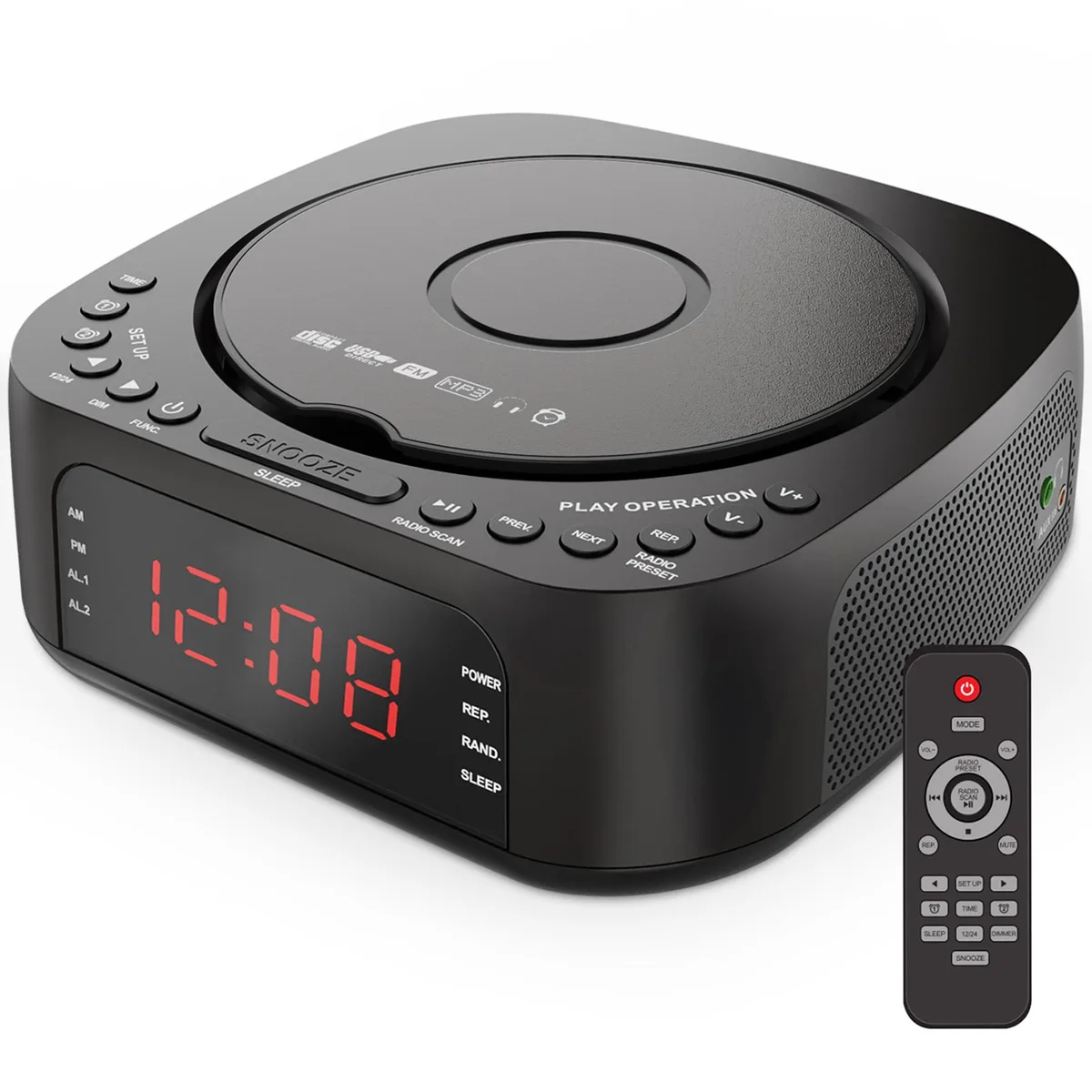 AUDIOVOX W12 CD player alarm clock FM radio USB charger 10W 30 presets remote — product photo
