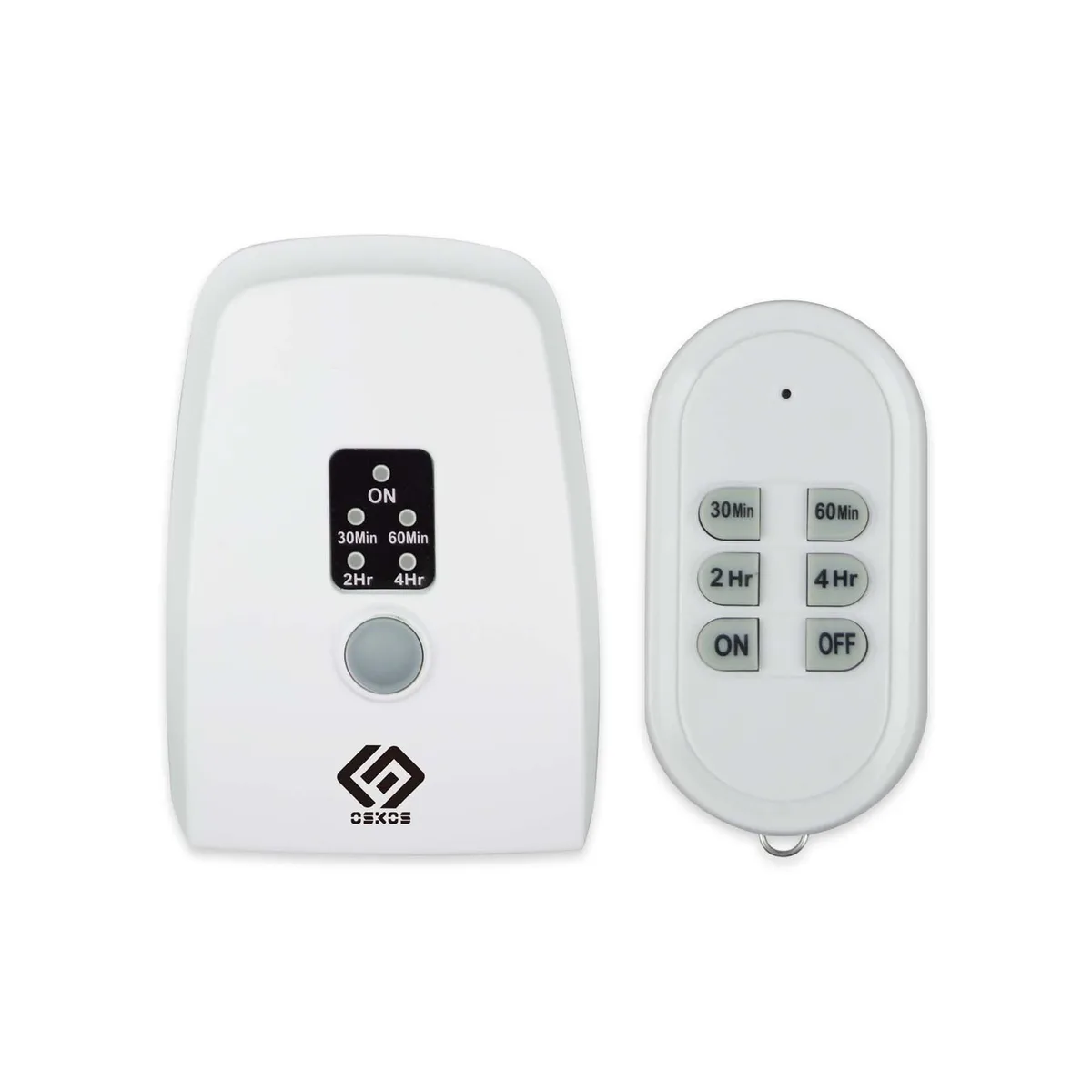 White plastic plug-in timer unit with two grounded outlets and a small handheld remote control