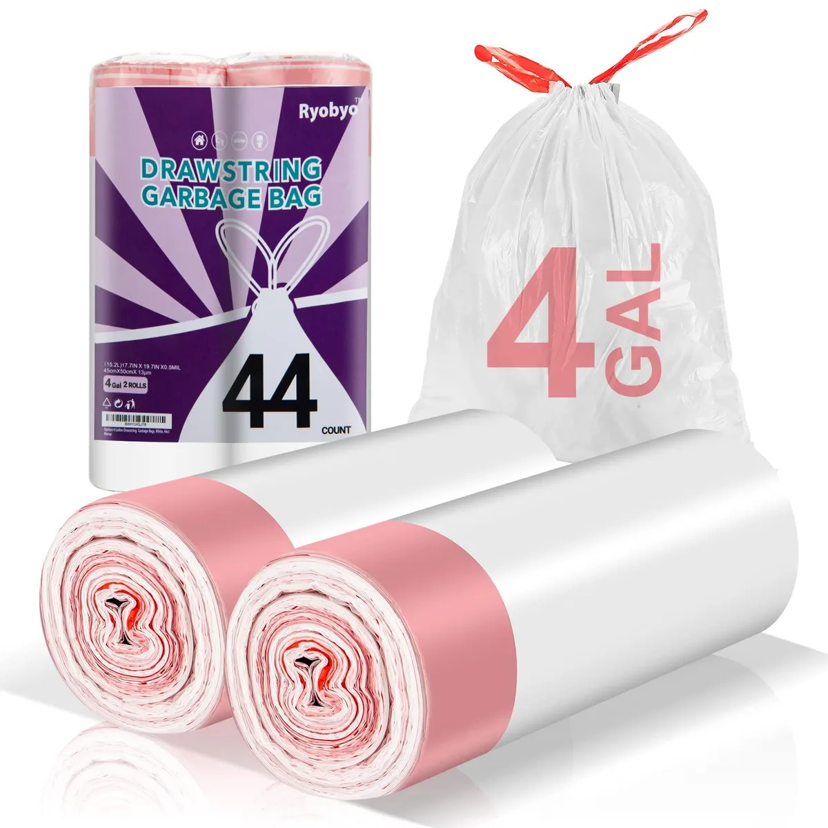 White drawstring trash bags on a roll in clear packaging