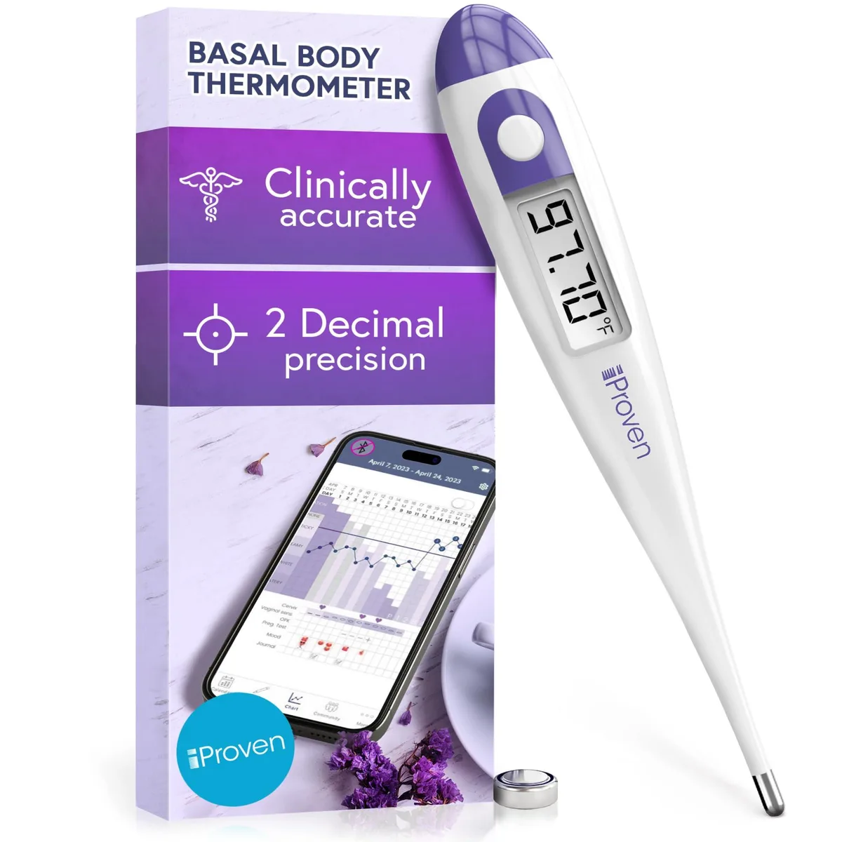 White digital basal thermometer BBT-113AI with slender tip and display