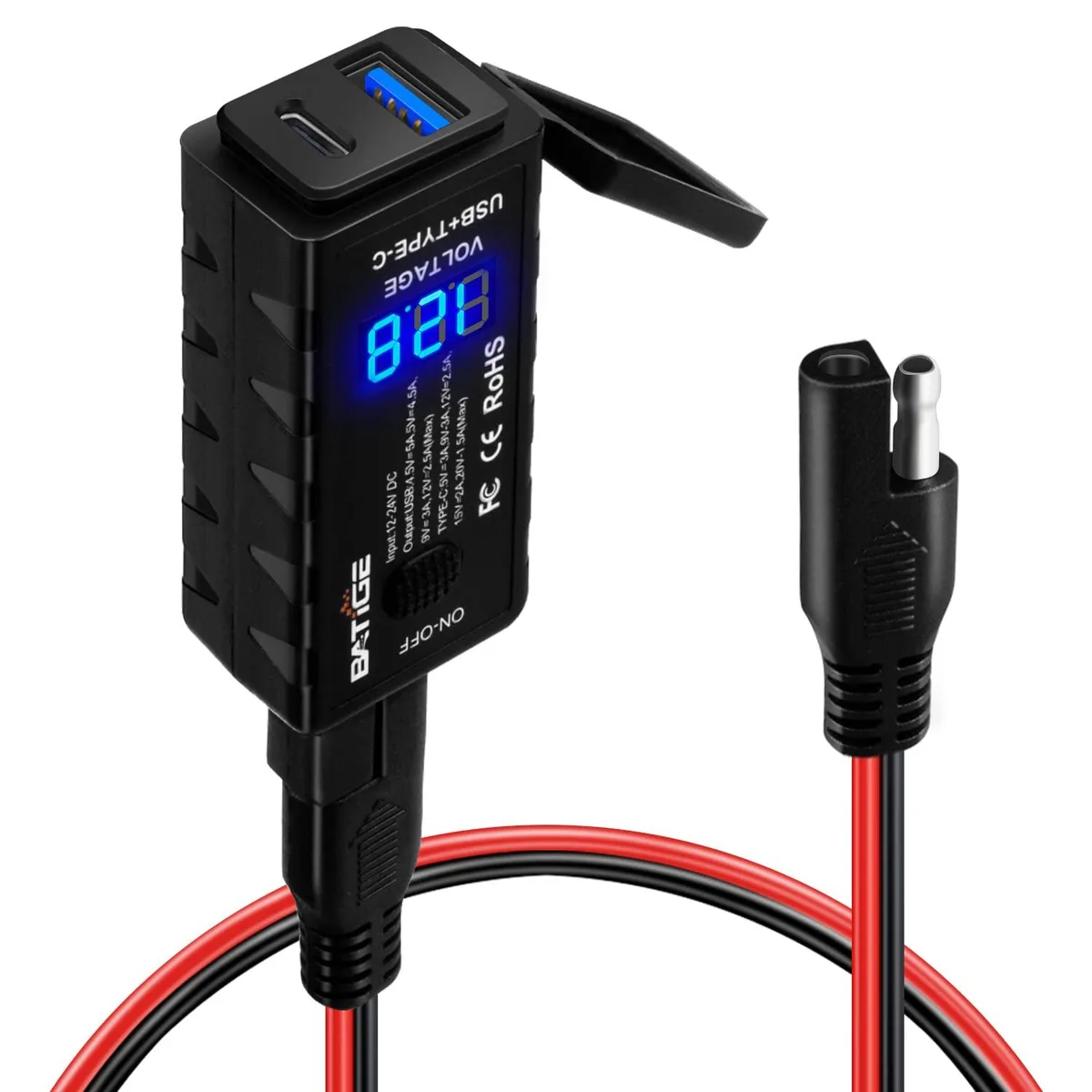 Black rectangular adapter with Type C and USB 3.0 ports, LED voltmeter display, ON/OFF switch, rubber covers, SAE connector