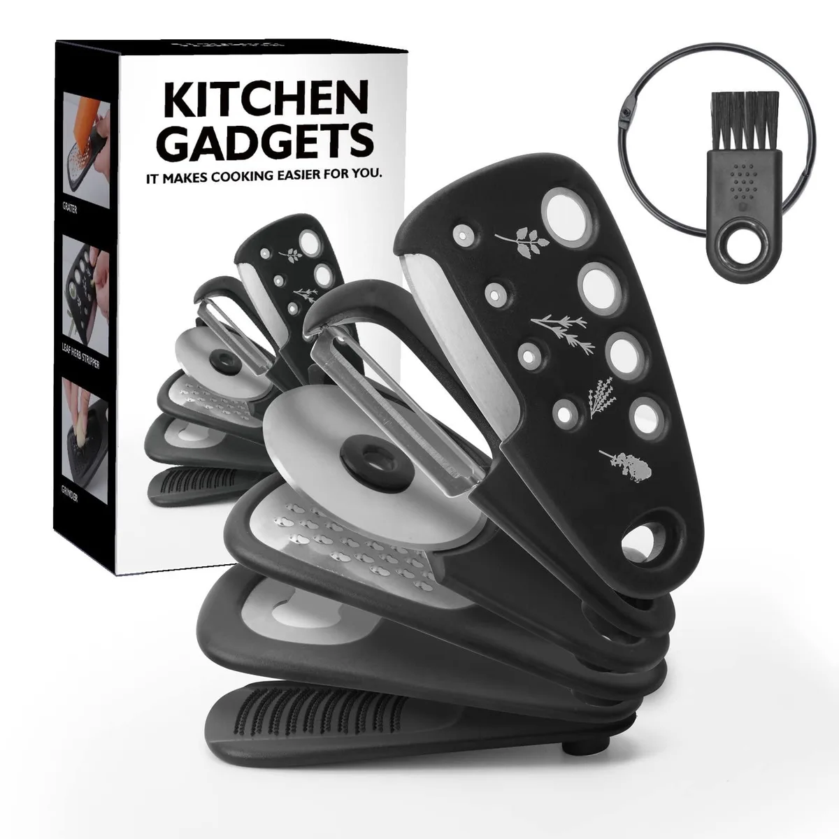 Black 6-in-1 kitchen gadget set stacked vertically with stainless steel tools and BPA-free plastic handles