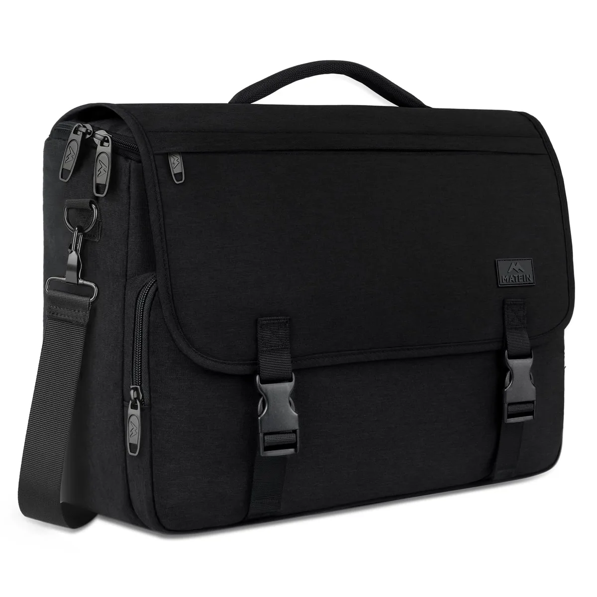 Black messenger bag with front flap buckles and padded laptop compartment for 15.6 inch device