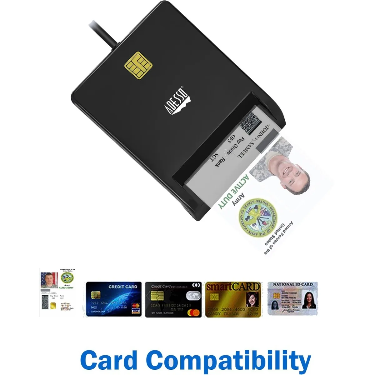 Adesso SCR100 USB smart card reader, flat rectangular shape, dark finish, LED indicator, 2.5 x 3.3 x .38 inches