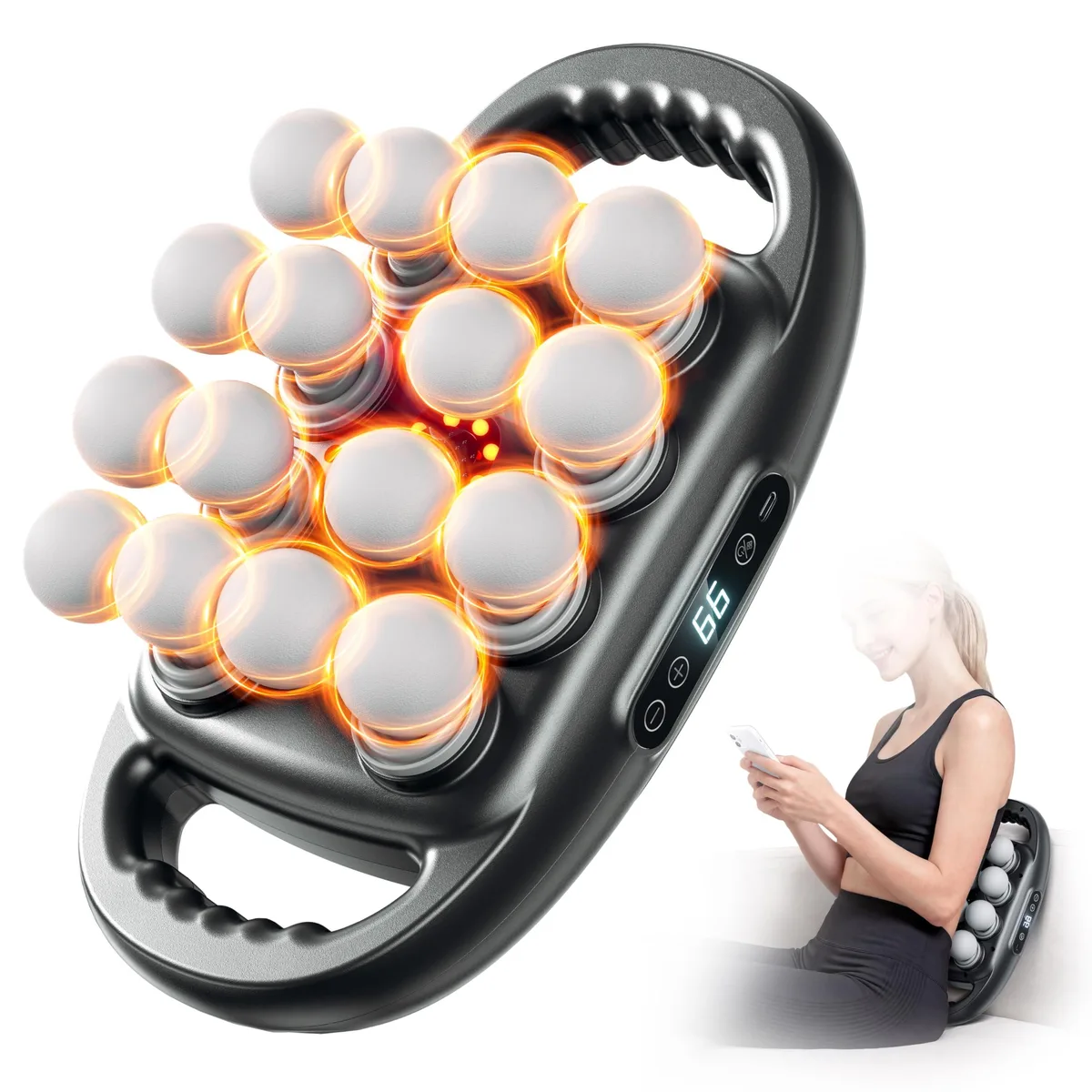 Black handheld percussion massager with sixteen fixed heads, dual textured handles, digital display, 3.5 pounds