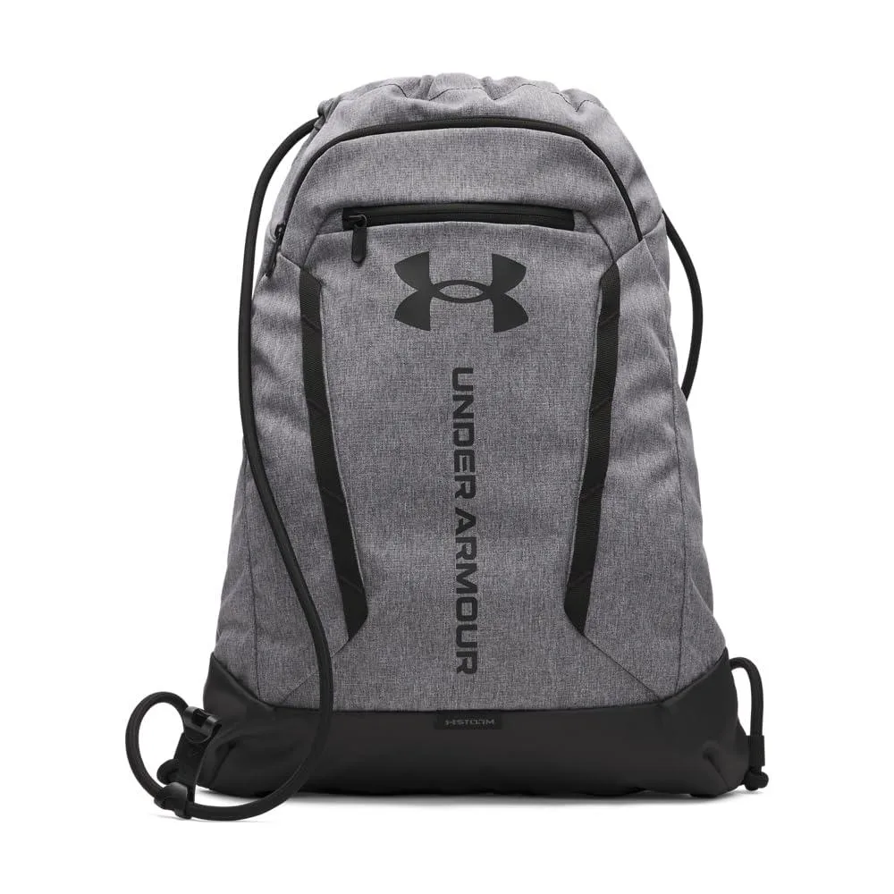 Grey polyester sackpack with black drawstrings, front zip pocket and reinforced bottom panel