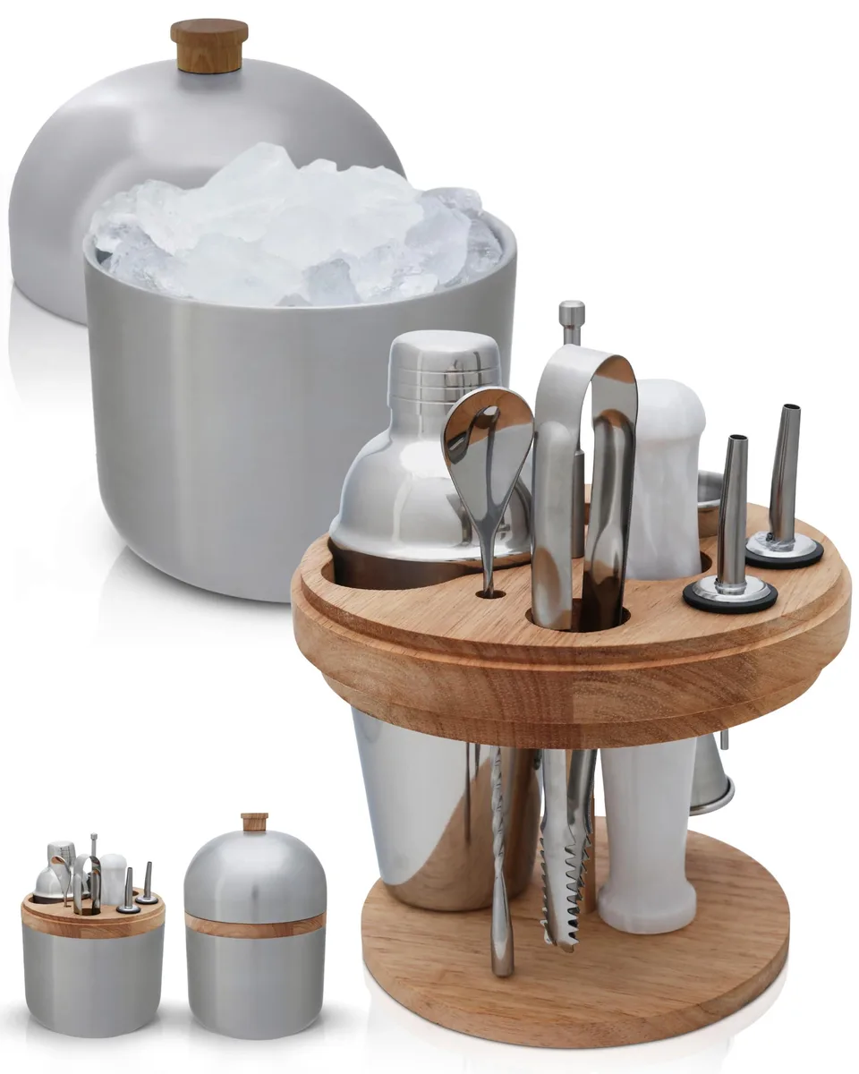 Silver stainless steel ice bucket with wooden organizer insert holding 18 oz shaker, jigger, marble muddler, spoon, tongs