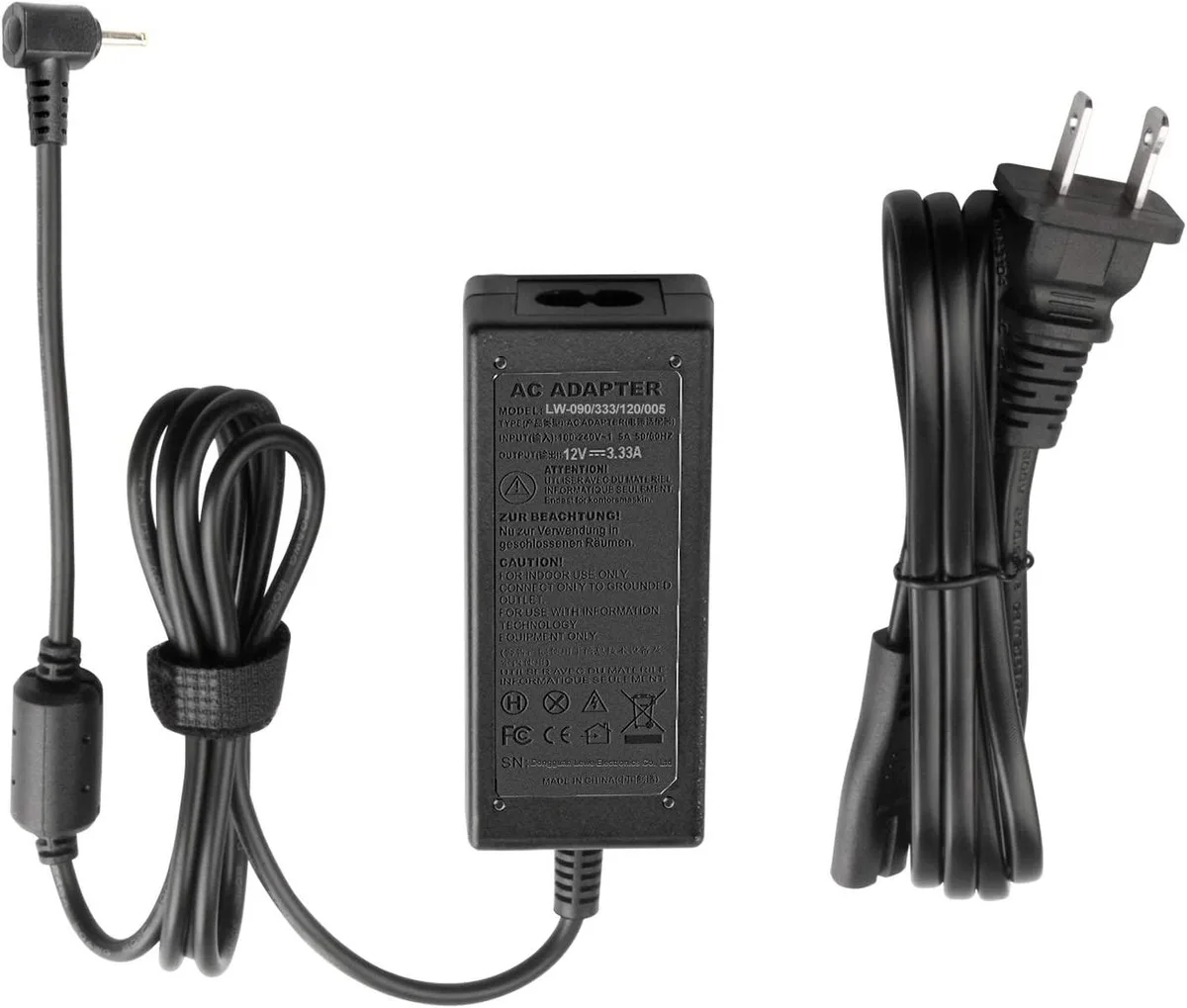 Compact black AC adapter with 0.7 mm by 2.5 mm barrel connector and detachable mains lead