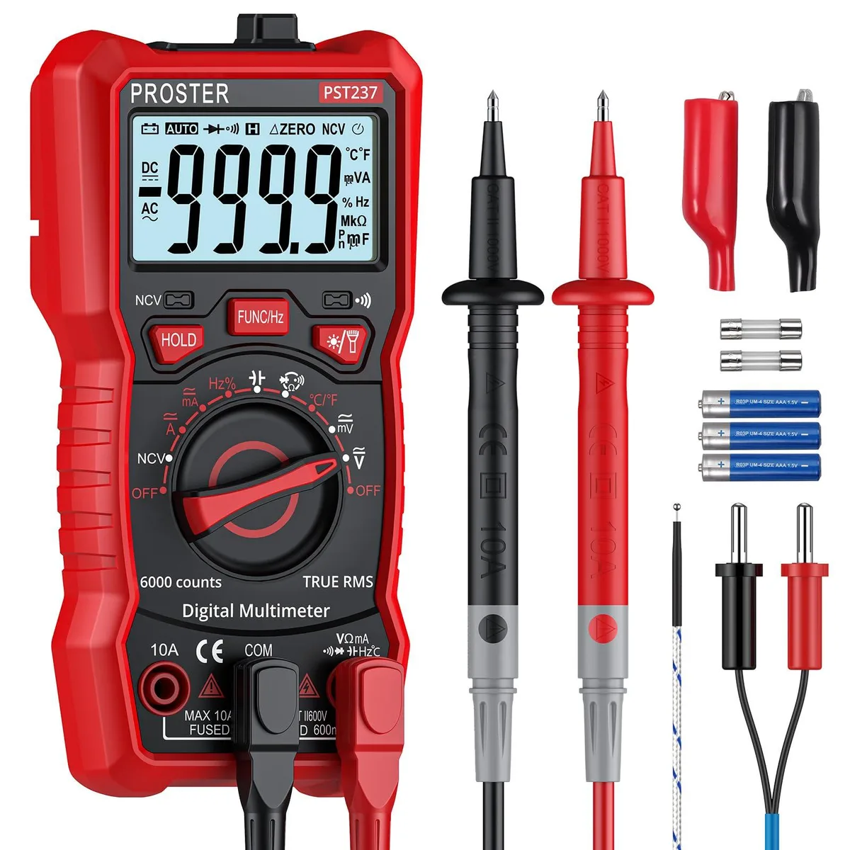 Yellow handheld digital multimeter with colour screen test leads and accessories