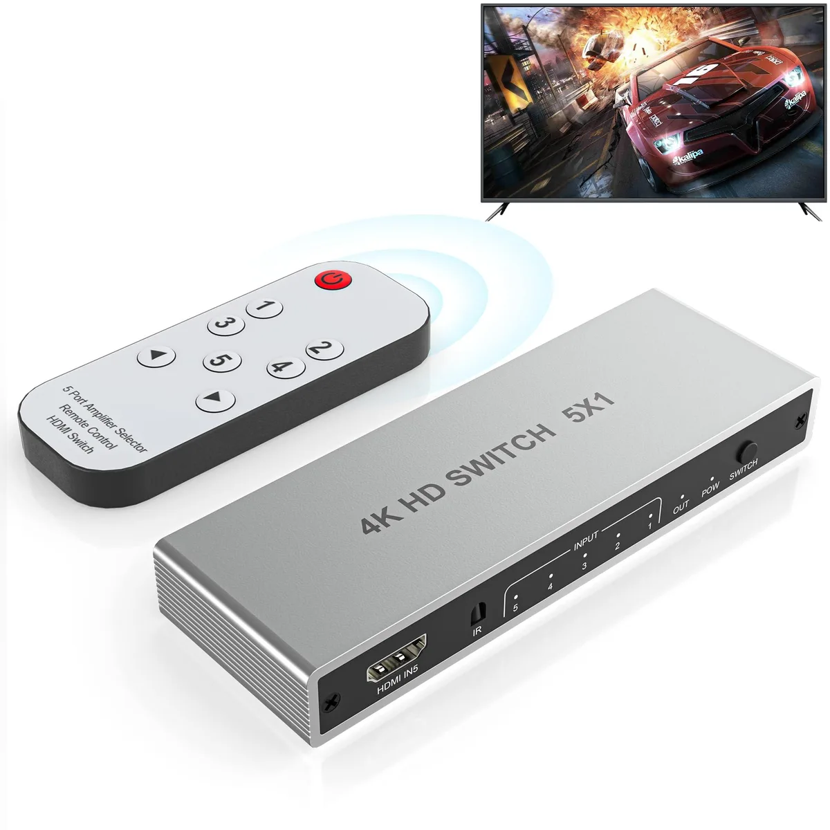 Silver aluminium box with five HDMI inputs, one output and a remote
